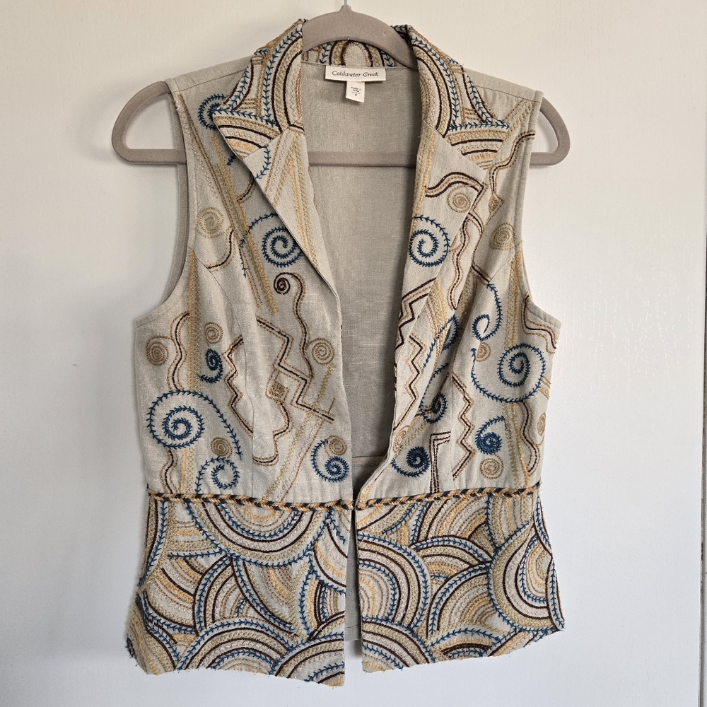 Coldwater Creek Embroidered Vest Women's 4 Beige Tan Linen Blend